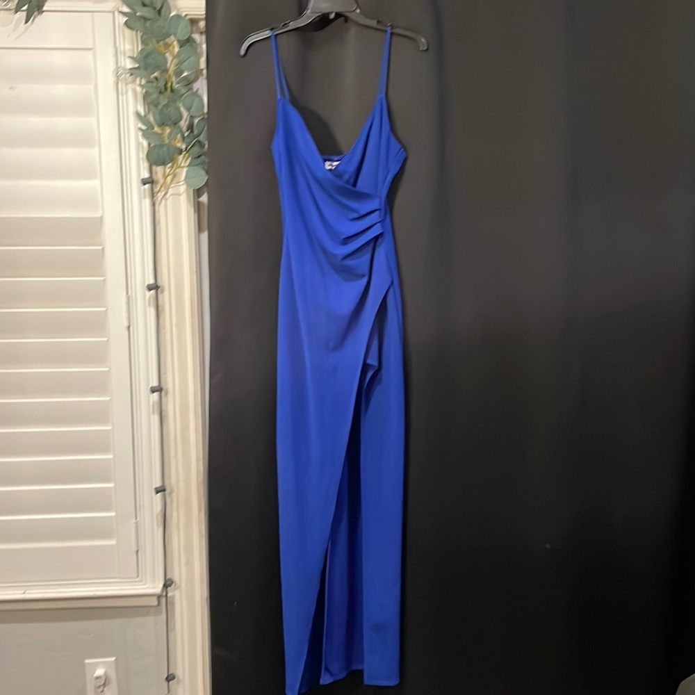 Blue Long Ruched Slit Gown